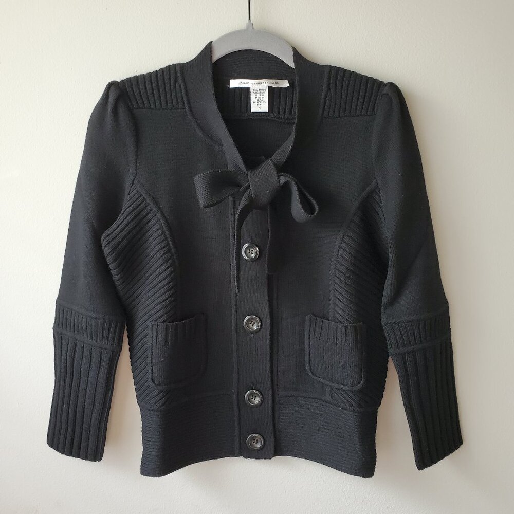 DVF Black Knit Multi-Way Tie Cropped Cardigan Puff Sleeve M (Fits S/M)